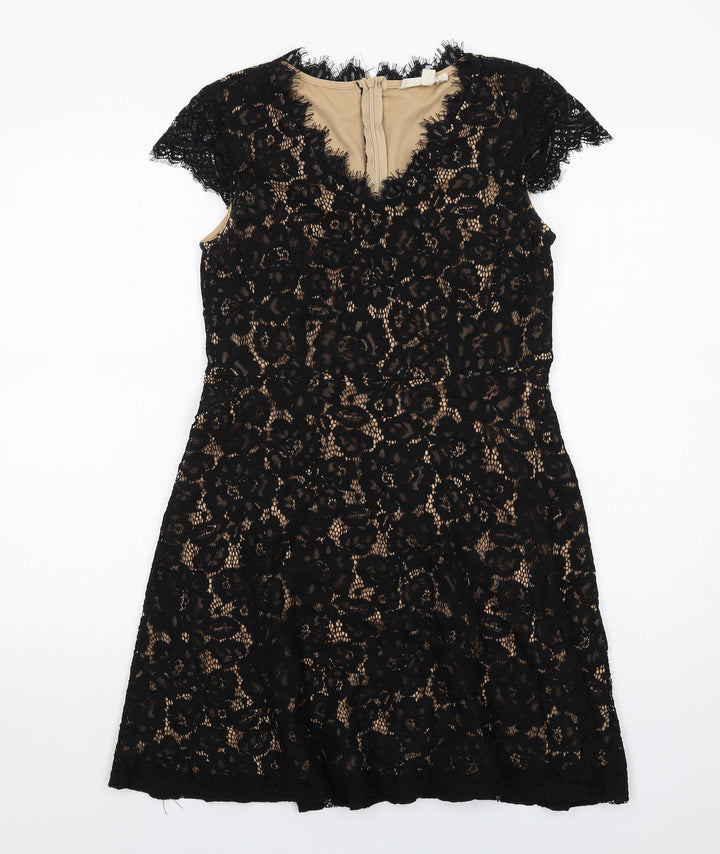 Rebellion Womens Black Floral Cotton A-Line Size M V-Neck Zip