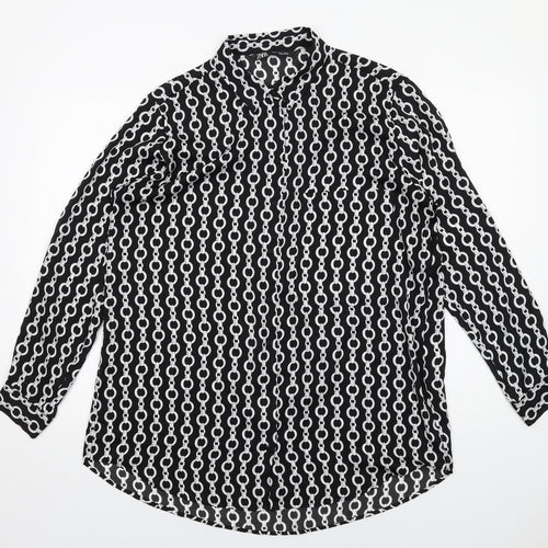 Zara Womens Black Geometric Polyester Basic Button-Up Size XL Collared
