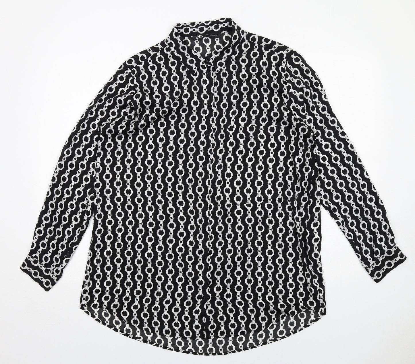 Zara Womens Black Geometric Polyester Basic Button-Up Size XL Collared