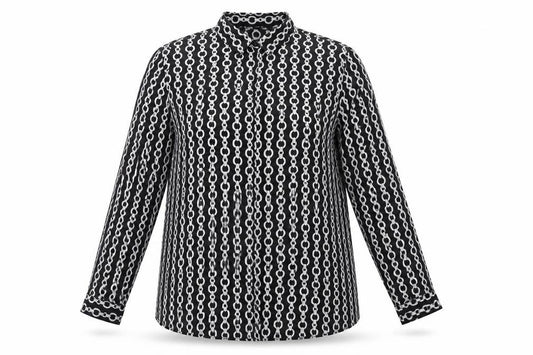Front view of Zara women’s black geometric polyester basic button-up, size XL, collared