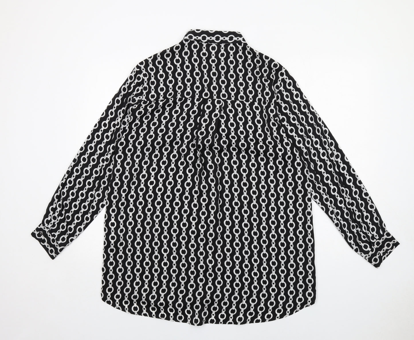 Zara Womens Black Geometric Polyester Basic Button-Up Size XL Collared