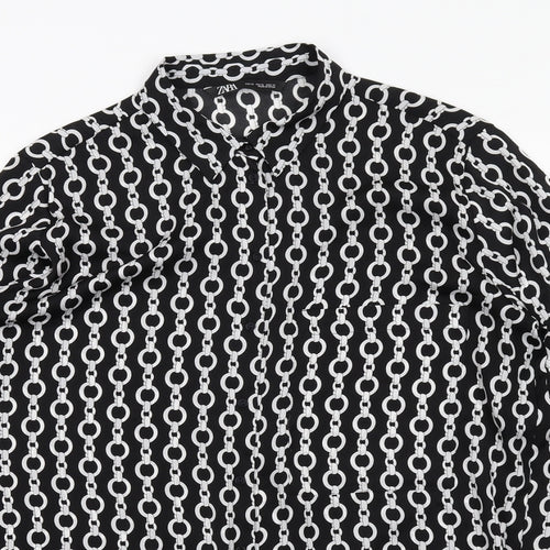 Zara Womens Black Geometric Polyester Basic Button-Up Size XL Collared