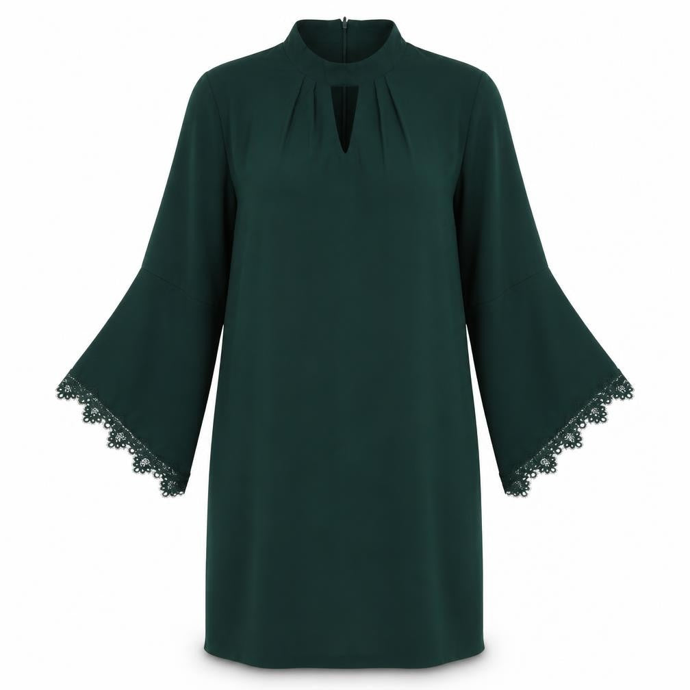 Front view of Debut women’s green polyester a-line, size UK 14, round neck zip