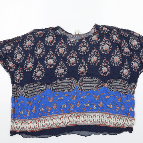 Monsoon Womens Blue Geometric Viscose Basic Blouse Size M Round Neck