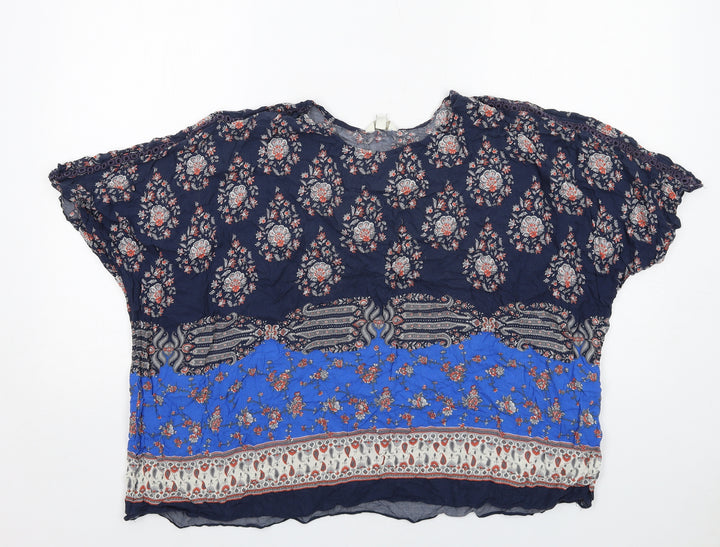 Monsoon Womens Blue Geometric Viscose Basic Blouse Size M Round Neck