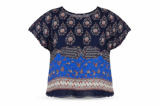 Front view of Monsoon women’s blue geometric viscose basic blouse, size M, round neck