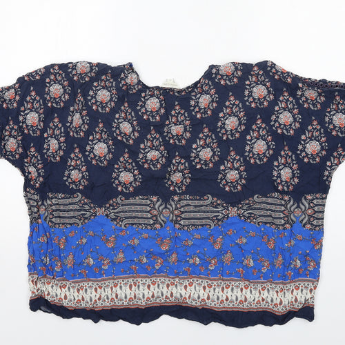 Monsoon Womens Blue Geometric Viscose Basic Blouse Size M Round Neck