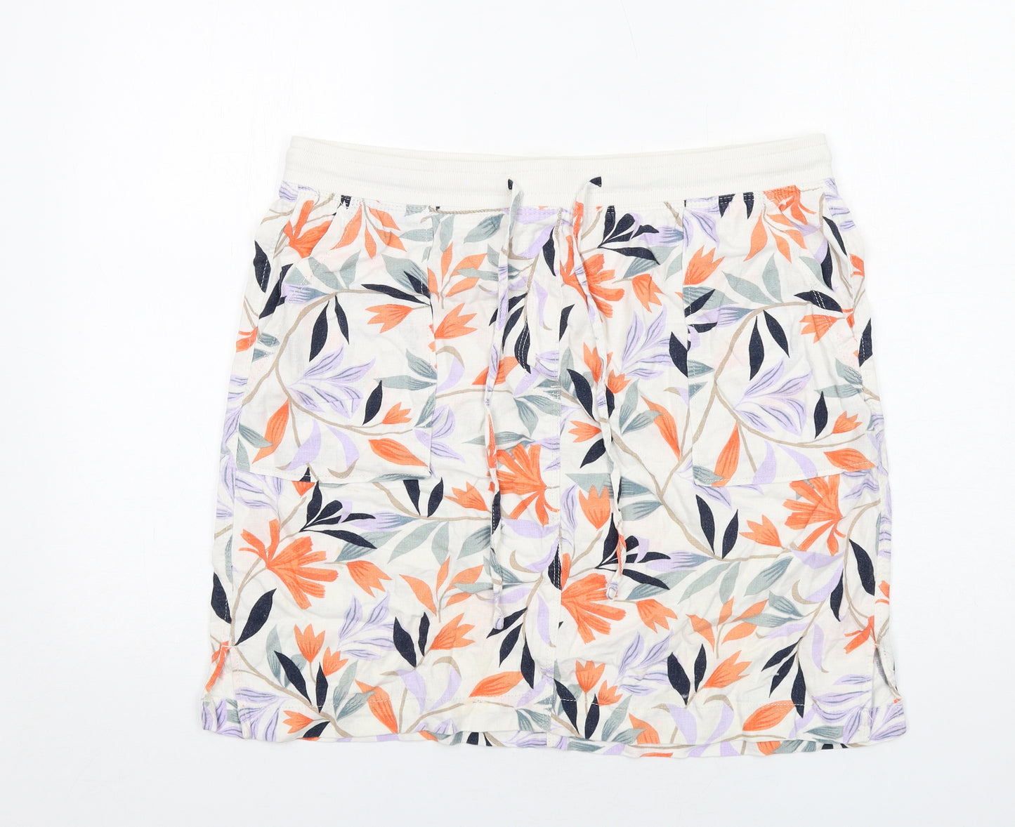 Marks and Spencer Womens Multicoloured Geometric Linen A-Line Skirt Size 16 Drawstring - Leaf pattern