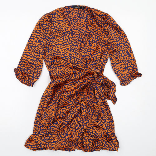 Boohoo Womens Orange Animal Print Polyester Wrap Dress Size 4 V-Neck Tie - Leopard pattern