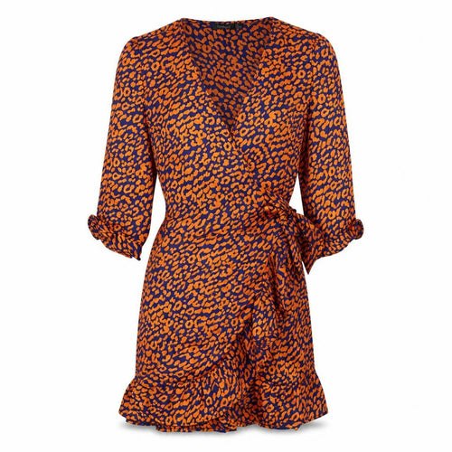 Boohoo Womens Orange Animal Print Polyester Wrap Dress Size 4 V-Neck Tie - Leopard pattern