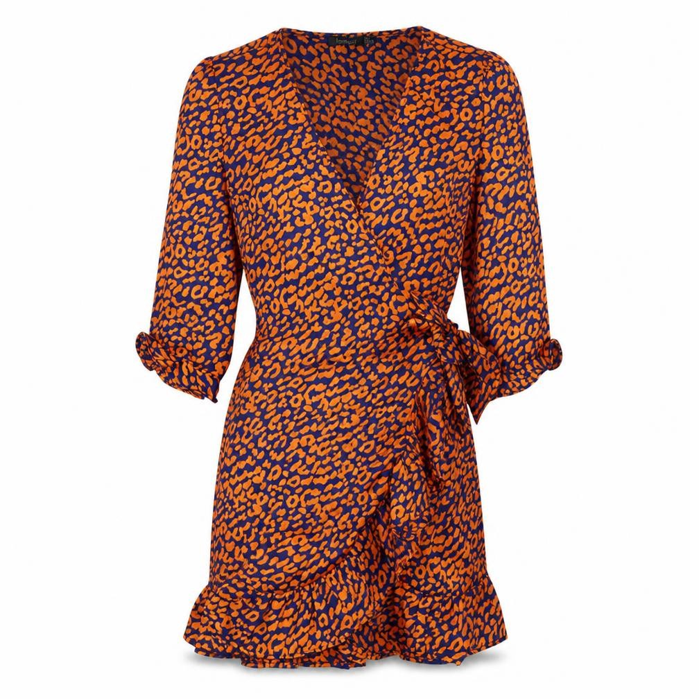 Boohoo Womens Orange Animal Print Polyester Wrap Dress Size 4 V-Neck Tie - Leopard pattern