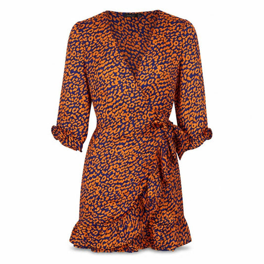 Front view of Boohoo women’s orange animal print polyester wrap dress, size UK 4, v-neck tie - leopard pattern