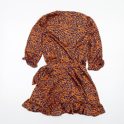 Boohoo Womens Orange Animal Print Polyester Wrap Dress Size 4 V-Neck Tie - Leopard pattern