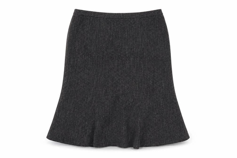 Front view of BHS women’s grey polyester a-line skirt, size UK 12, zip
