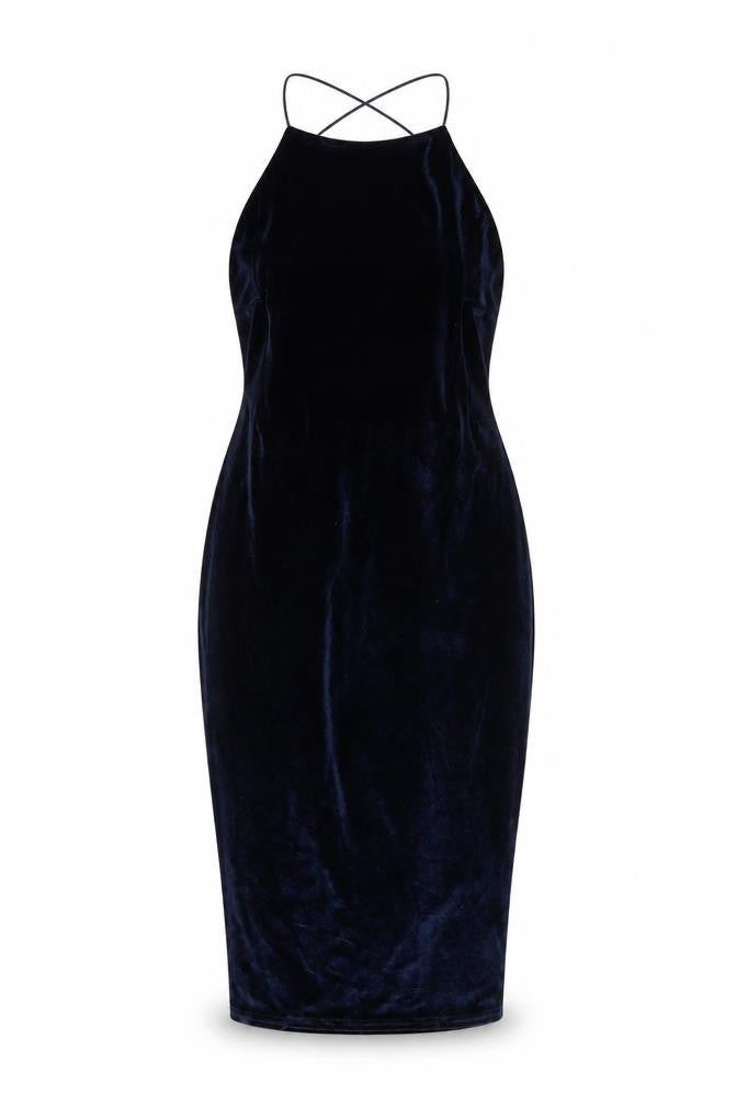 Front view of Missguided women’s blue polyester bodycon, size UK 10, round neck zip