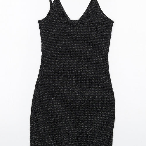 PRETTYLITTLETHING Womens Black Nylon Bodycon Size 4 V-Neck Pullover