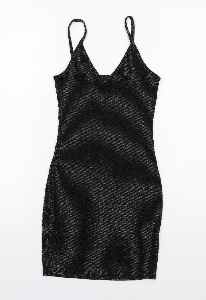 PRETTYLITTLETHING Womens Black Nylon Bodycon Size 4 V-Neck Pullover
