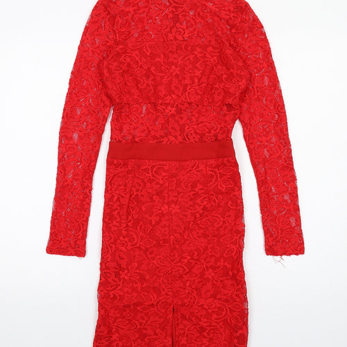 PRETTYLITTLETHING Womens Red Geometric Nylon A-Line Size 6 Round Neck Zip