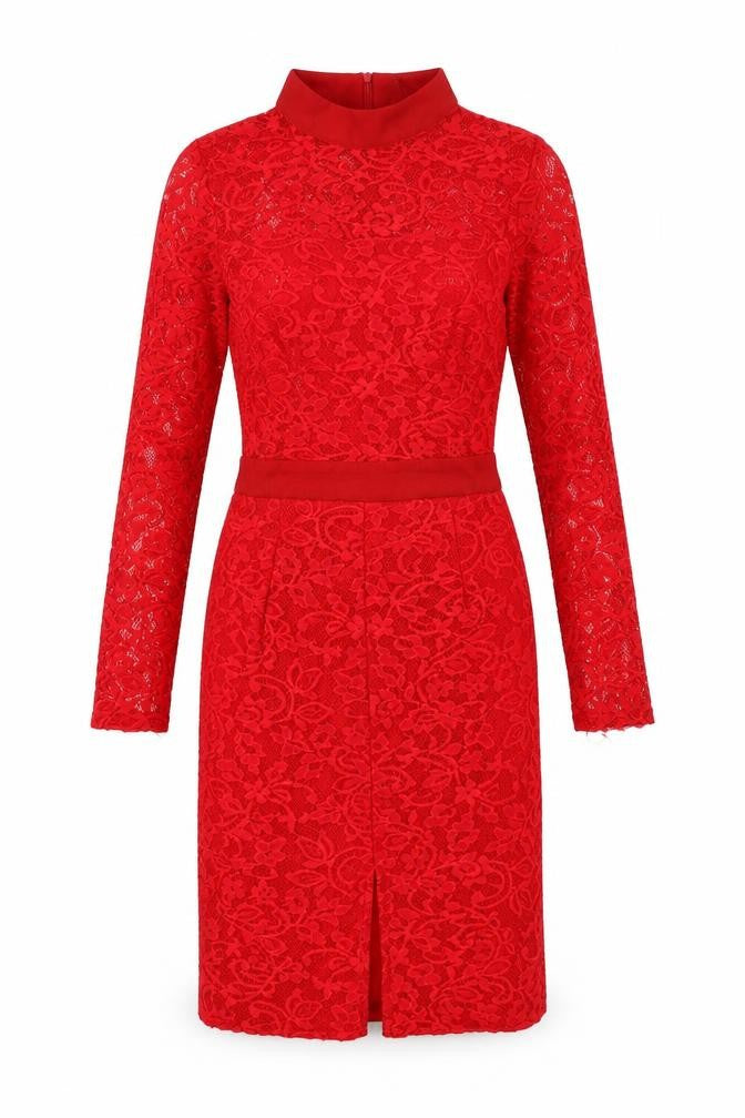 Front view of PRETTYLITTLETHING women’s red geometric nylon a-line, size UK 6, round neck zip
