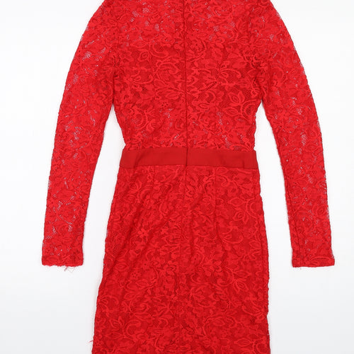 PRETTYLITTLETHING Womens Red Geometric Nylon A-Line Size 6 Round Neck Zip