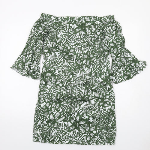 H&M Womens Green Floral Cotton A-Line Size 8 Off the Shoulder Pullover