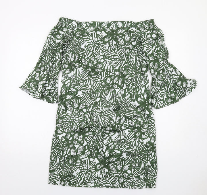 H&M Womens Green Floral Cotton A-Line Size 8 Off the Shoulder Pullover