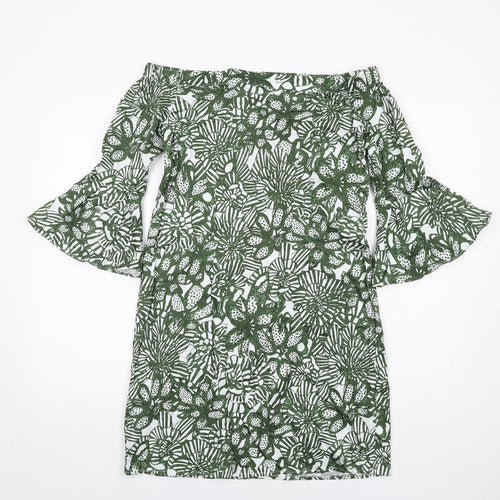 H&M Womens Green Floral Cotton A-Line Size 8 Off the Shoulder Pullover