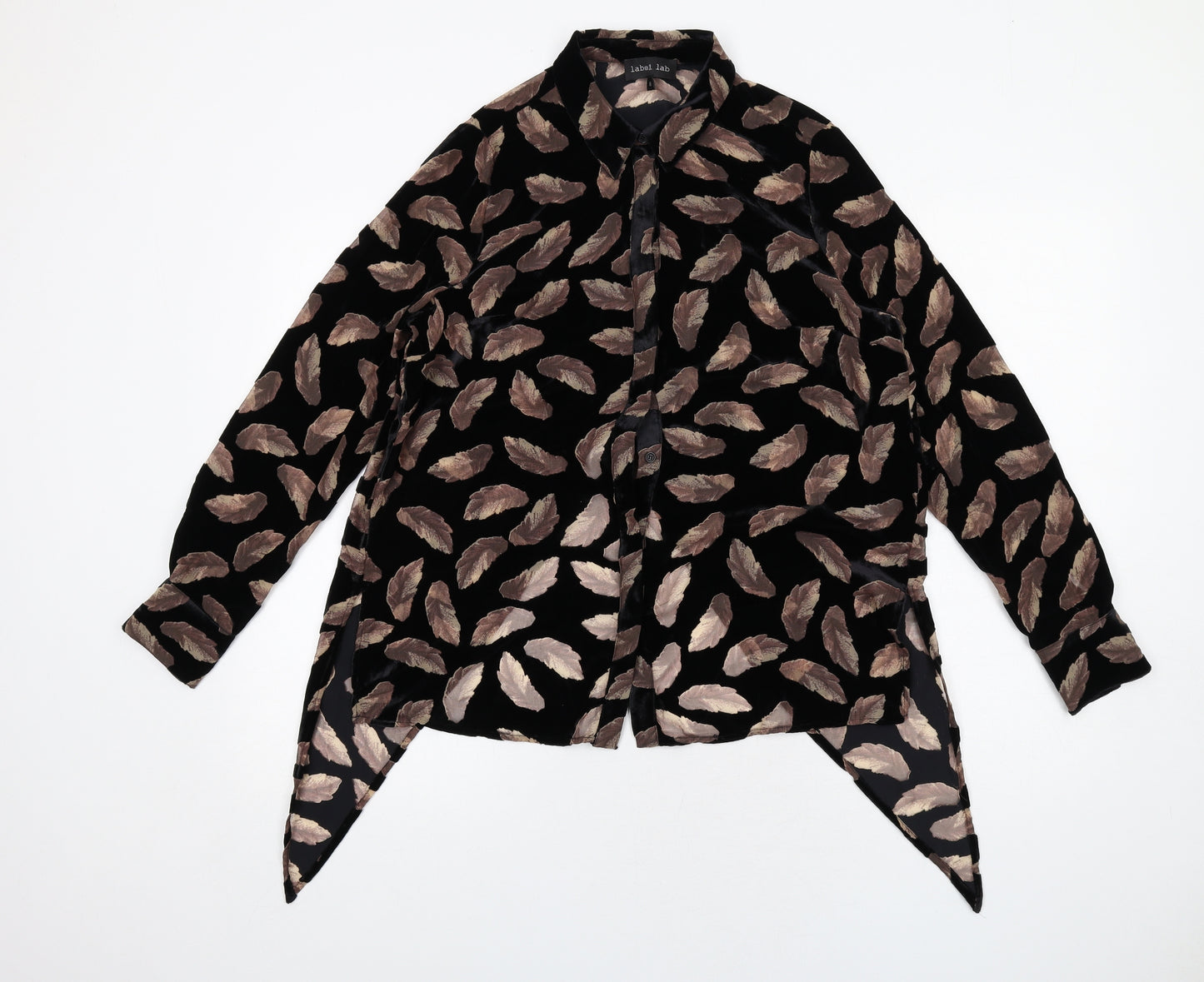 Label Lab Womens Black Geometric Viscose Basic Button-Up Size 8 Collared - Feather Print