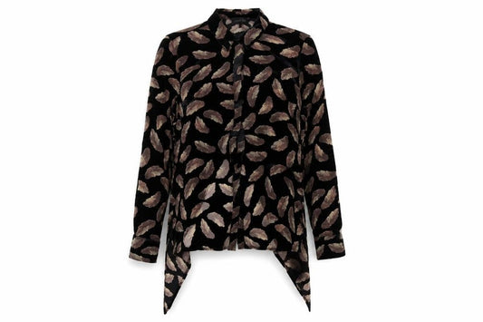Front view of Label Lab women’s black geometric viscose basic button-up, size UK 8, collared - feather print