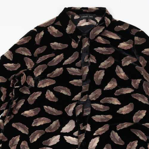 Label Lab Womens Black Geometric Viscose Basic Button-Up Size 8 Collared - Feather Print