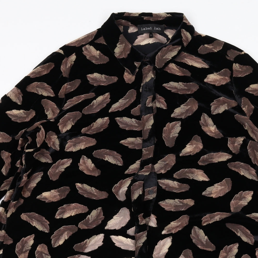Label Lab Womens Black Geometric Viscose Basic Button-Up Size 8 Collared - Feather Print