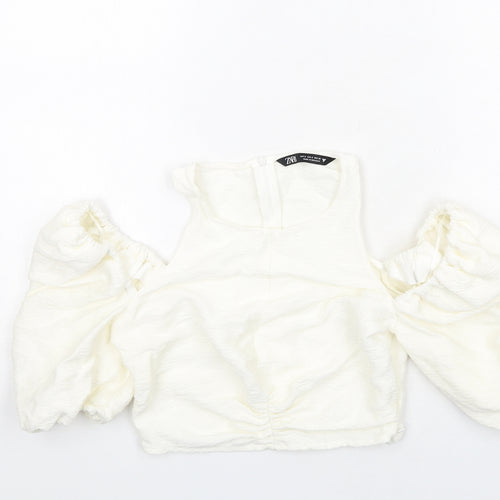 Zara Womens Ivory Viscose Cropped Blouse Size S Round Neck - Cold Shoulder