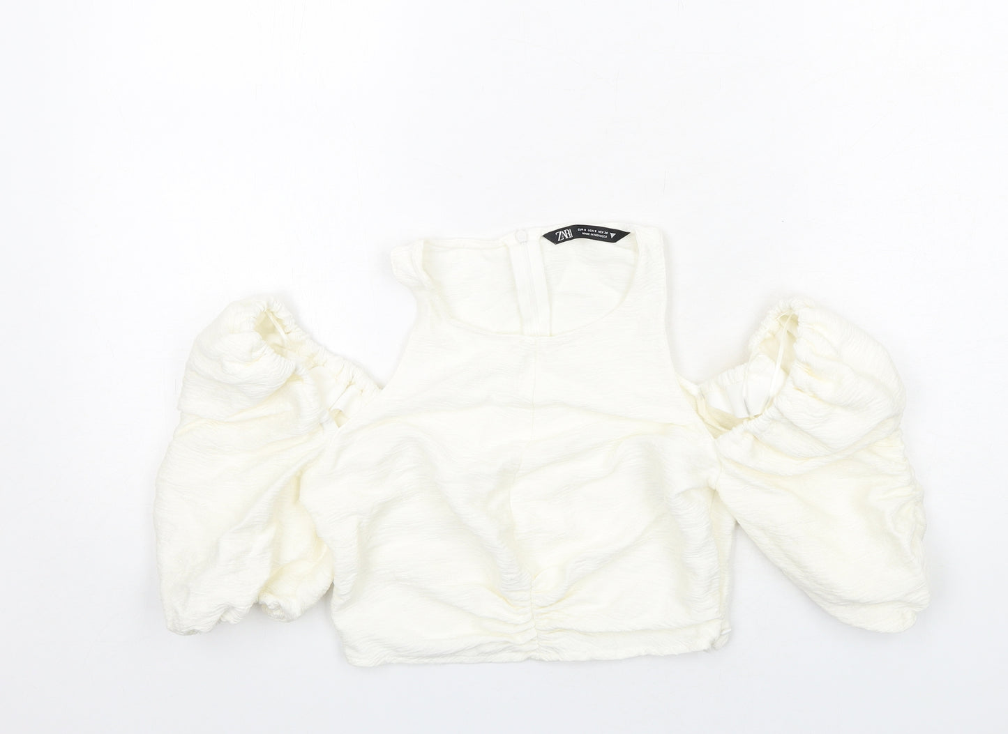Zara Womens Ivory Viscose Cropped Blouse Size S Round Neck - Cold Shoulder