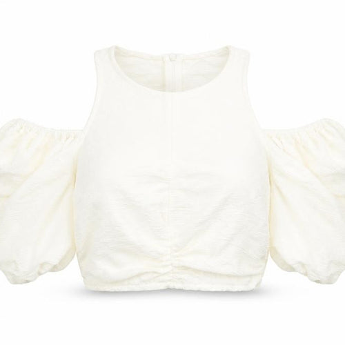 Zara Womens Ivory Viscose Cropped Blouse Size S Round Neck - Cold Shoulder