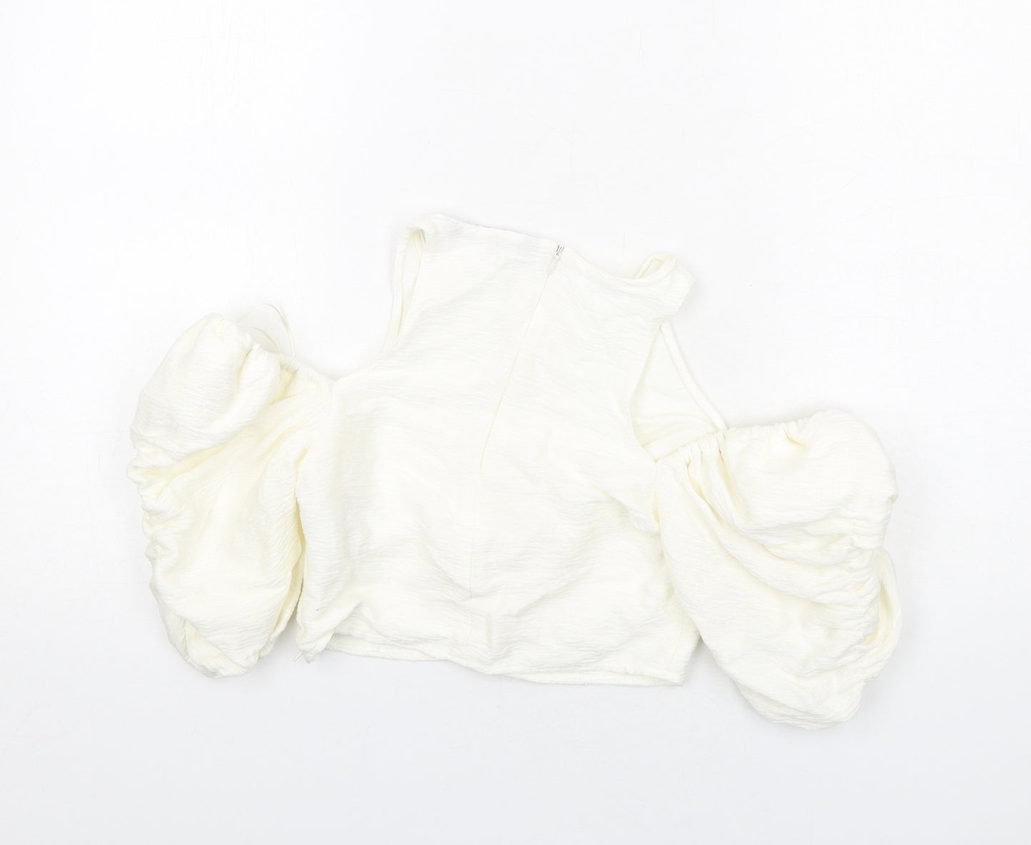 Zara Womens Ivory Viscose Cropped Blouse Size S Round Neck - Cold Shoulder
