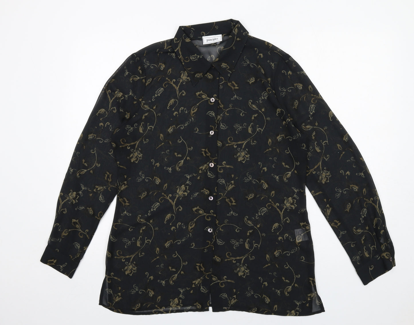 Principles Womens Black Geometric Polyester Basic Button-Up Size 14 Collared