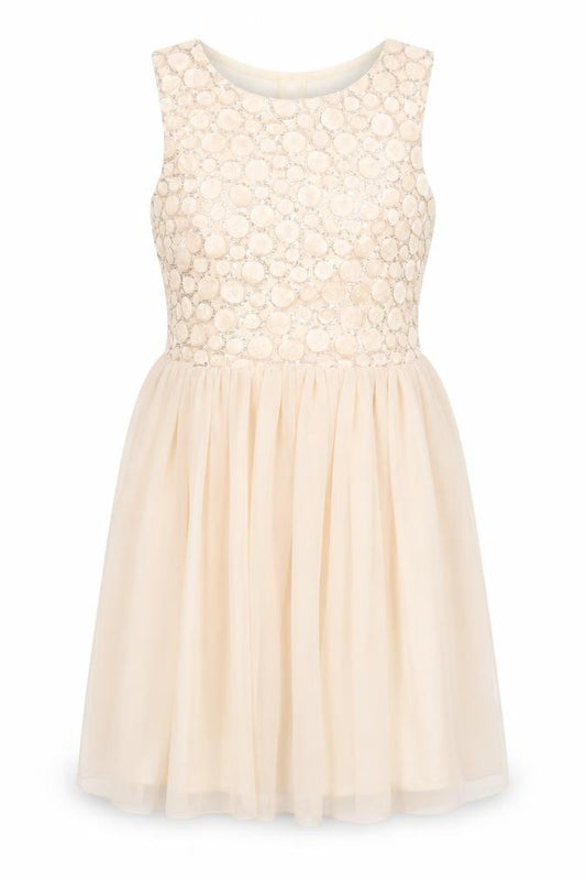Front view of Parisian Collection women’s ivory geometric polyester fit & flare, size UK 10, round neck zip