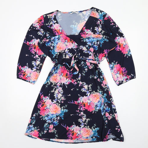 Only Womens Blue Floral Polyester A-Line Size 14 V-Neck Pullover