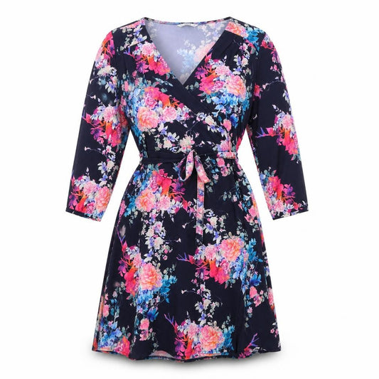 Front view of Only women’s blue floral polyester a-line, size UK 14, v-neck pullover