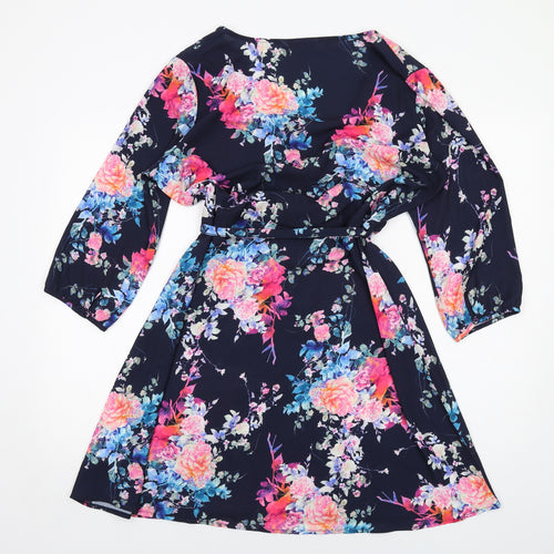 Only Womens Blue Floral Polyester A-Line Size 14 V-Neck Pullover