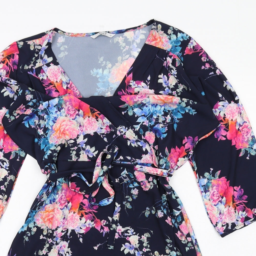 Only Womens Blue Floral Polyester A-Line Size 14 V-Neck Pullover