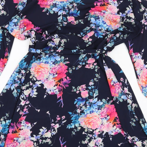 Only Womens Blue Floral Polyester A-Line Size 14 V-Neck Pullover
