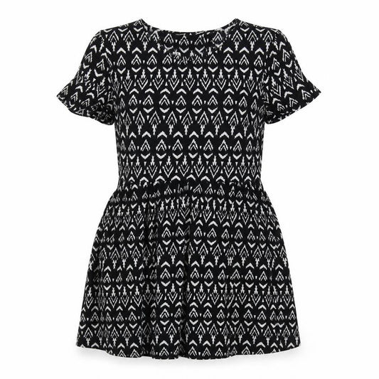 Front view of H&M women’s black geometric viscose a-line, size UK 8, round neck pullover