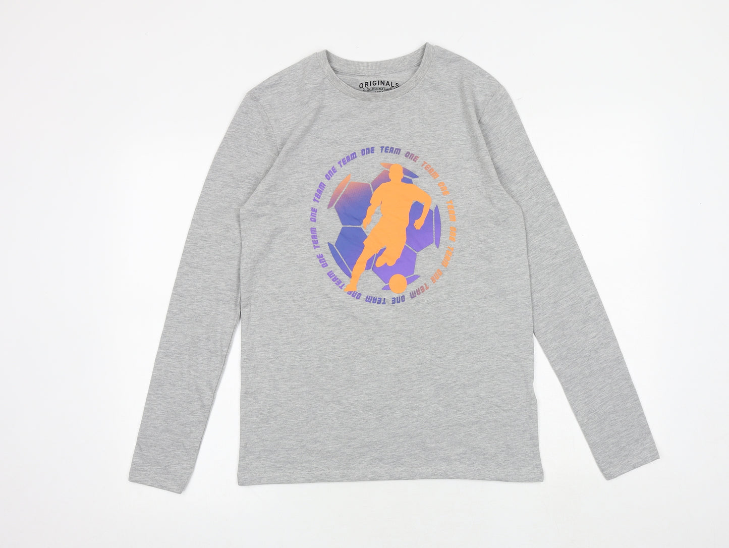 Marks and Spencer Boys Grey Cotton Basic T-Shirt Size 13-14 Years Round Neck Pullover - One Team