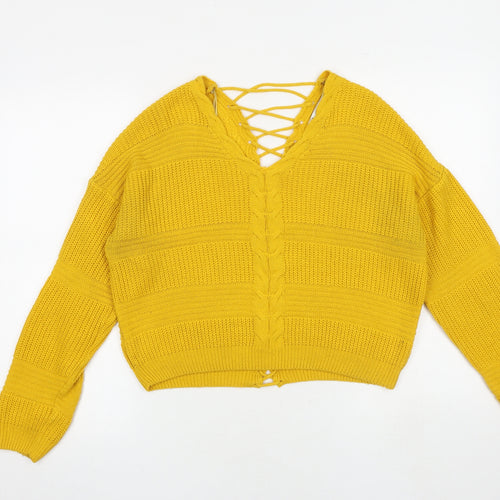 Miss Selfridge Womens Yellow V-Neck Acrylic Pullover Jumper Size 8