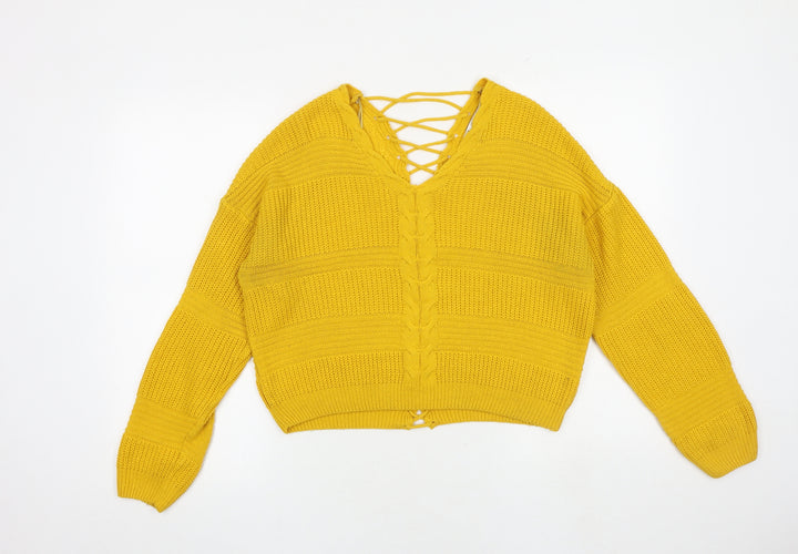 Miss Selfridge Womens Yellow V-Neck Acrylic Pullover Jumper Size 8
