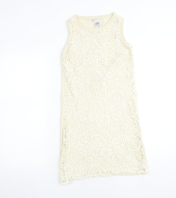 Mango Womens Beige Floral 100% Cotton Shift Size S Round Neck Pullover