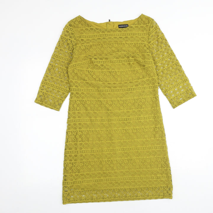 Warehouse Womens Green Geometric Polyester A-Line Size 12 Round Neck Zip