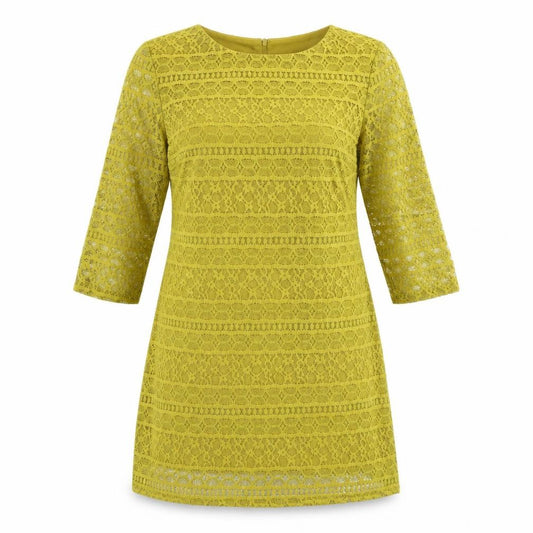 Front view of Warehouse women’s green geometric polyester a-line, size UK 12, round neck zip