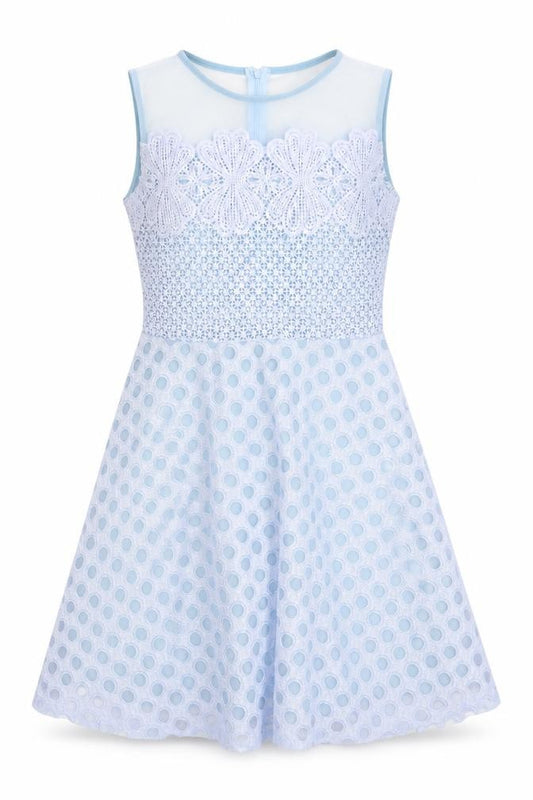 Front view of Quiz women’s blue geometric polyester fit & flare, size UK 10, round neck button